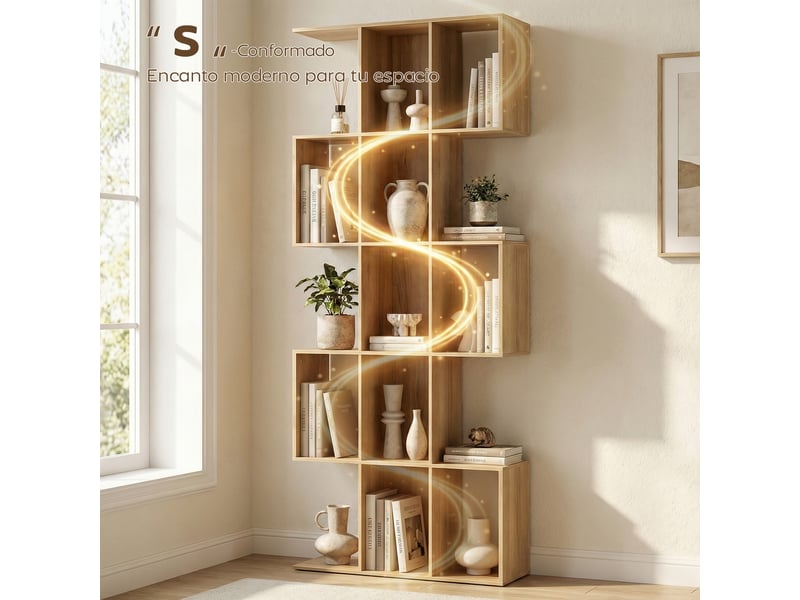  Bibliothèque en forme de s à 5 niveaux pour salon, chambre, bureau, 80 x 24 x 200 cm, chêne  - Conforama D