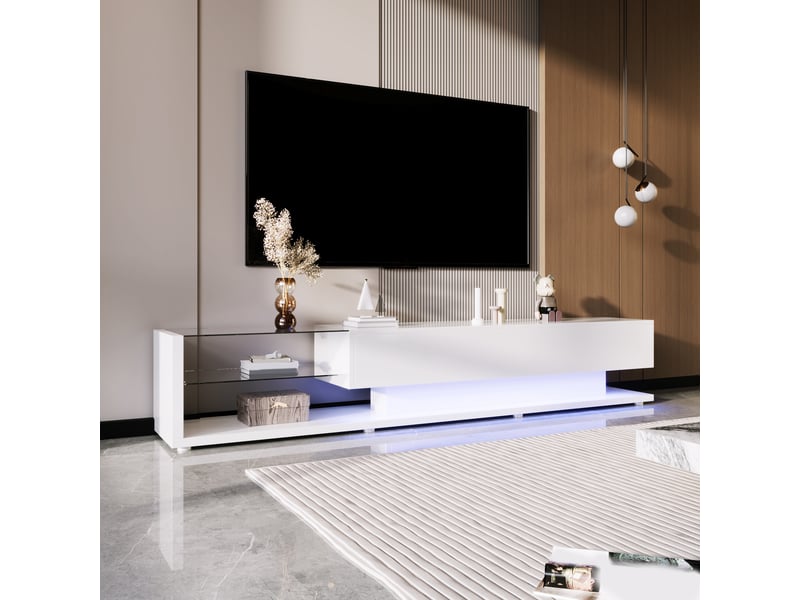 Meuble tv blanc laqué 170 cm avec led variable, 2 tiroirs et étagères en verre pour tv 50 à 59 pouces - Conforama R