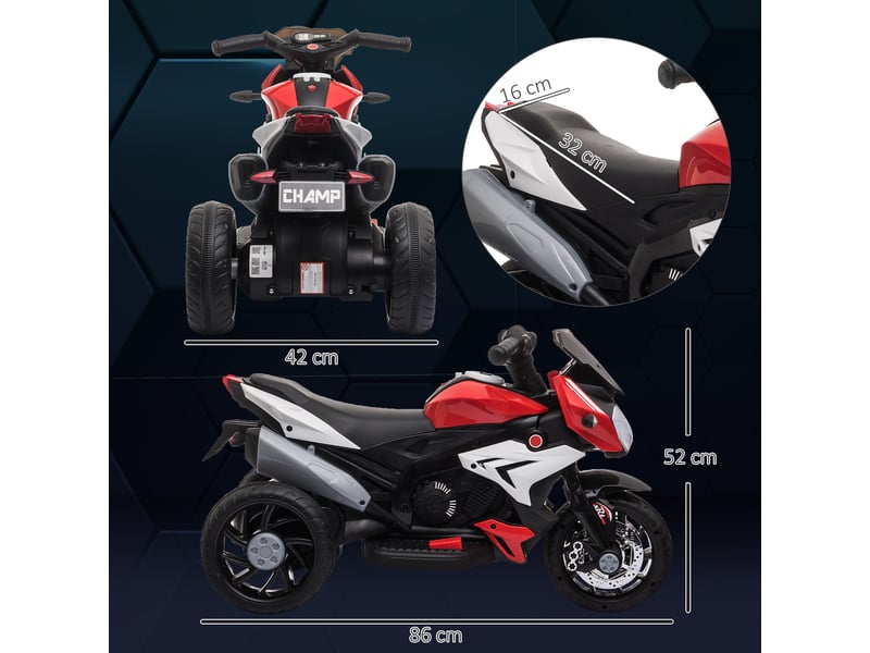  Moto électrique pour enfants de 3 à 5 ans (25 kg max.) avec lumières, musique, batterie 6 v et vitesse de 3 kmh, dimensions : 86 x 42 x 52 cm, rouge  - Conforama E