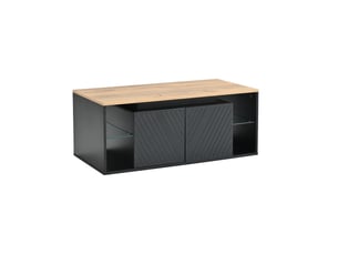 Table basse led 100 x 50 x 41 cm avec 2 portes et niche semi-ouverte, meuble de salon moderne en panneaux de particules, finition noire, charge 30 kg, design moderne
