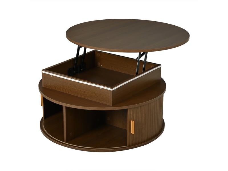  Table basse ronde relevable décor noyer avec led, rangement caché et portes coulissantes, diamètre 75 cm  - Conforama A