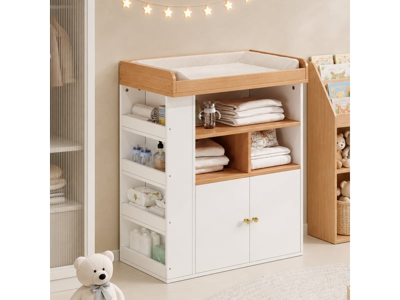 Table à langer bébé 2 en 1 avec rangements mdf bois et blanc 82x50x100 cm - Conforama E