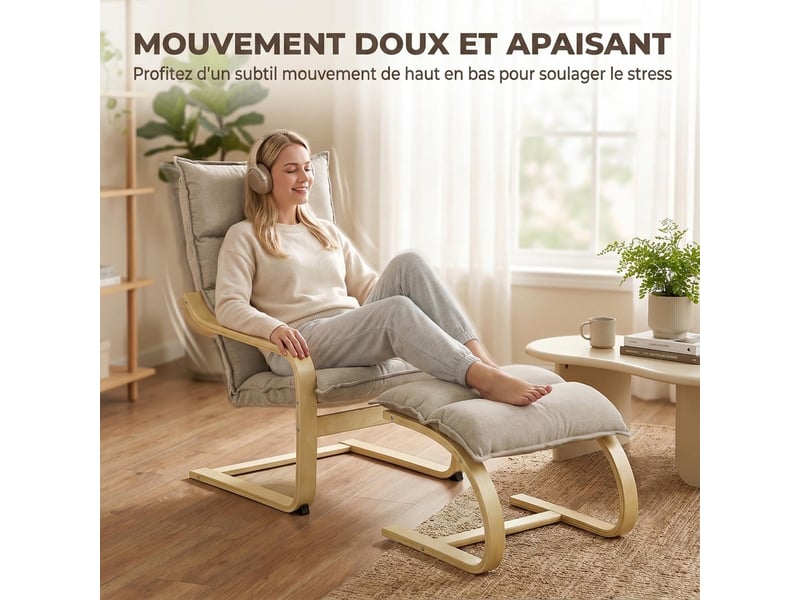  Fauteuil avec repose-pied en tissu effet lin beige 76 x 67 x 102 cm  - Conforama D