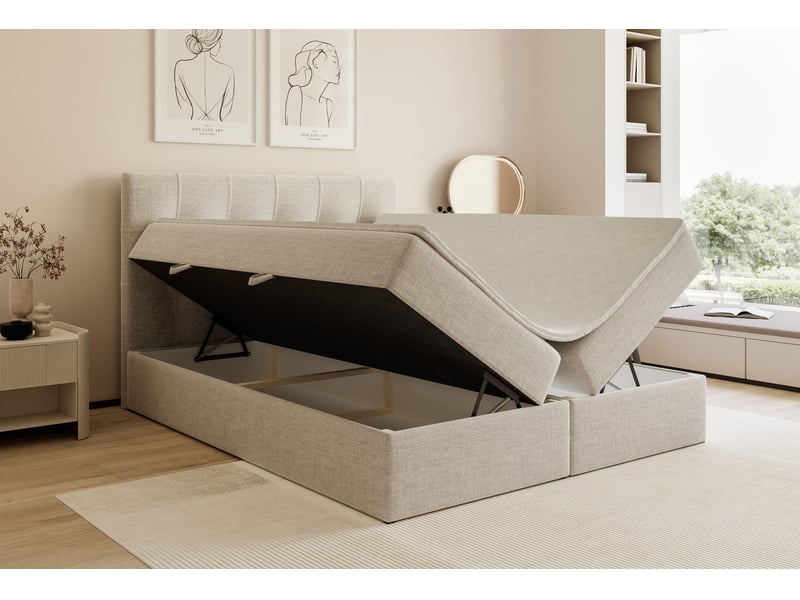  Lit coffre venus - 180x200 cm - avec matelas et surmatelas - tissu tressé - beige clair VENUS - Conforama C