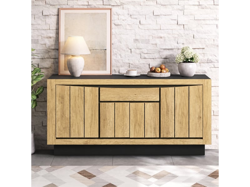  Buffet bas 140 x 40 x 60 cm effet bois et noir, 4 portes sans poignée et 1 tiroir, meuble de rangement pour salon et séjour et salle à manger  - Conforama B