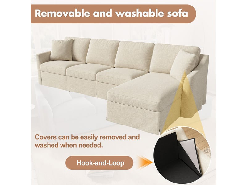 Canapé d'angle en l, 4 places, avec méridienne et coffre de rangement, housses amovibles/lavables coton-lin, beige, 274x128,5x83cm - Conforama E