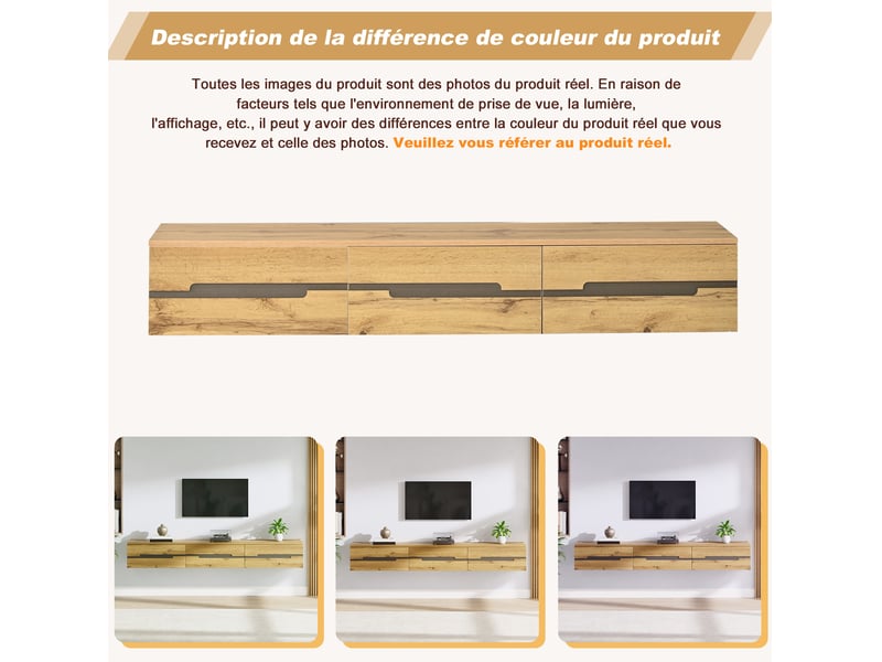  Meuble tv mural suspendu 160x30x25,5 cm, 3 tiroirs, charge 60 kg, mdf, panneau de particules naturel  - Conforama E