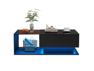 Table basse 100x50x32 cm avec tiroir et éclairage led en panneau de particules noire