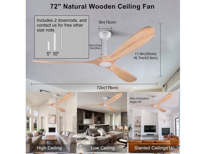 Ventilateur de plafond 183 cm blanc et naturel, métal et bois, sans éclairage avec télécommande 6 vitesses - Conforama B