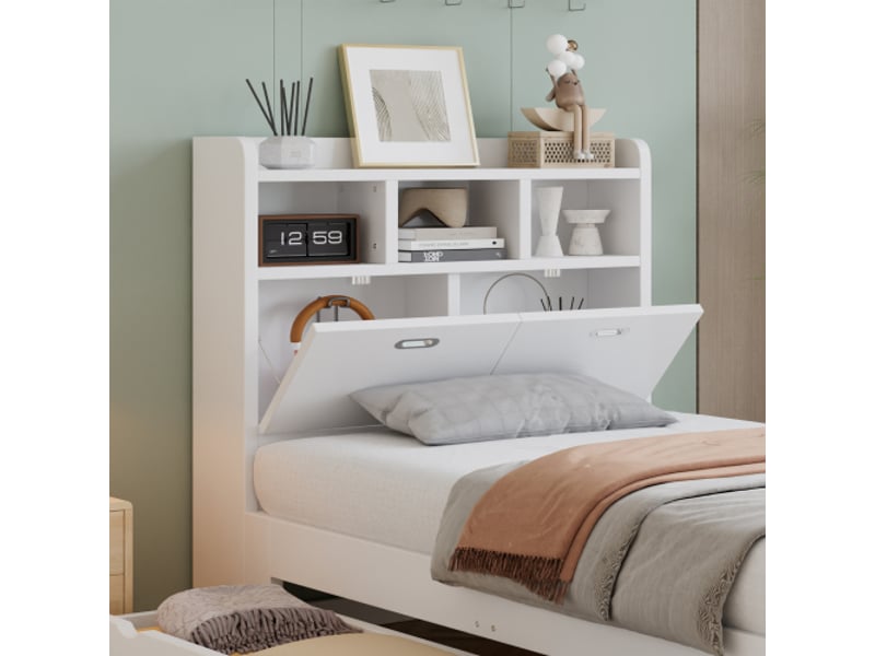  Lit enfant 90x200 cm avec rangements, tête de lit, tiroir coulissant et table pliante – bois blanc  - Conforama D