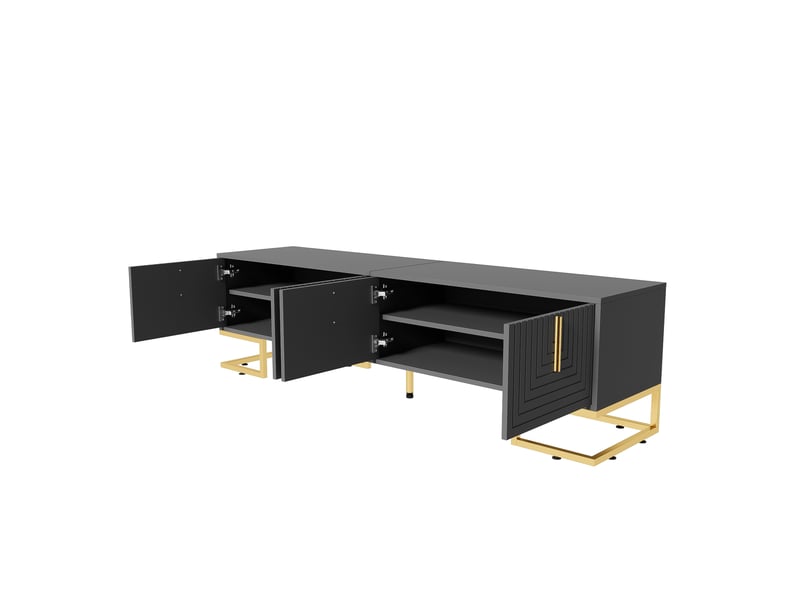  Meuble tv gris noir 170 cm pour écran 70-79 pouces avec 4 portes et pieds dorés  - Conforama E