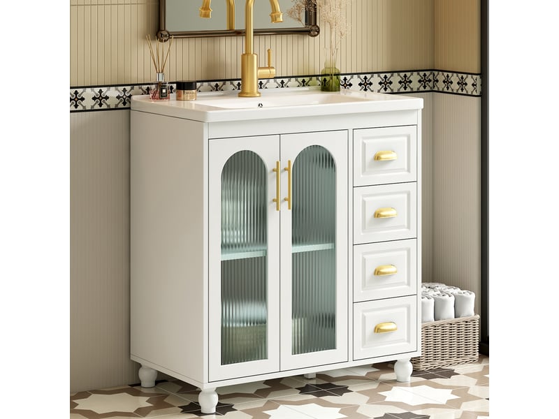 Meuble sous vasque avec 3 portes, 3 tiroirs et vasque en céramique, blanc, pour salle de bain, longueur 80 cm - Conforama C