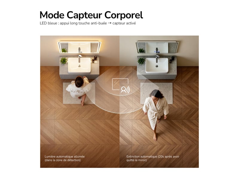  Emke miroir lumineux salle de bain 70x50cm, miroir led avec éclairage, interrupteur tactile, anti-buée, 3 couleur de lumières  - Conforama E