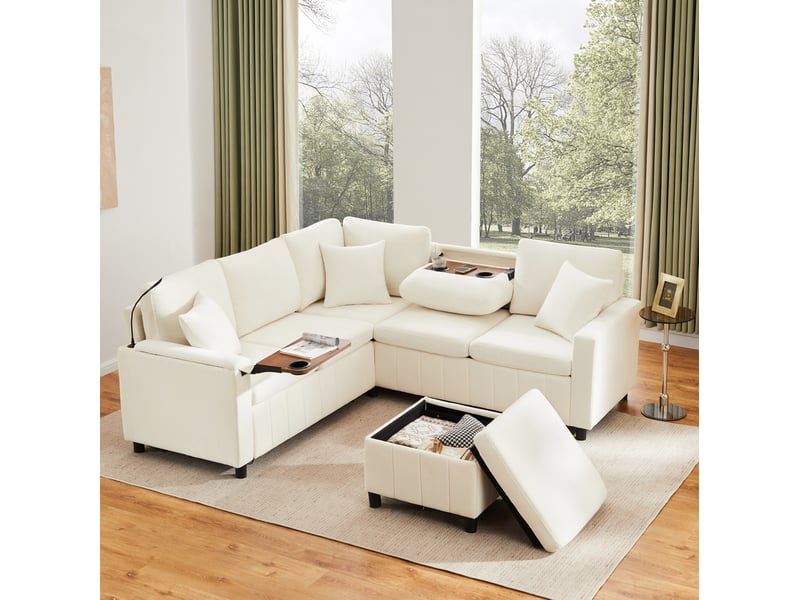  Canapé d'angle convertible tcqpz en chenille beige 205 x 205 x 85 cm avec fonction lit, usb type-c, lampe de lecture et table intégrée  - Conforama B