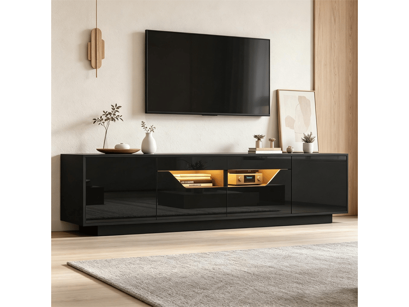  Meuble tv noir brillant 180 cm avec éclairage led, pour téléviseur jusqu’à 75 pouces, noir  - Conforama C
