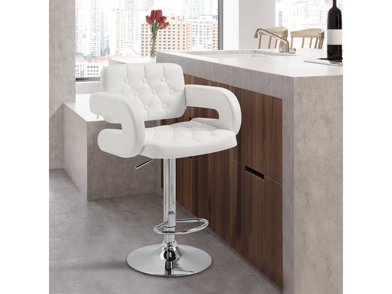  Tabouret bar réglable, cuisine haut pu, dossier, repose-pieds, accoudoirs, assise moelleuse, acier, pivotant 360°, îlot central, blanc.  - Conforama D