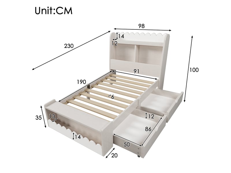  Lit enfant 90 x 190 cm avec tiroirs, rangements et sommier en bois, blanc et chêne clair  - Conforama C