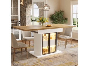 Table à manger extensible 110-140 x 80 cm avec rangement, led rgb via application, 2 tiroirs, portes coulissantes vitrées, structure blanche