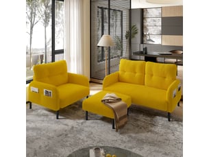 Canapé 2 places en velours côtelé jaune moutarde avec fauteuil et pouf, ensemble 3 pièces modulable