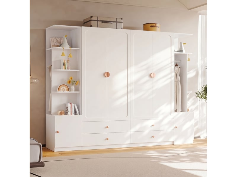 Armoire 6 portes tcqpz 270 x 45 x 200 cm 4 tiroirs 4 penderies mdf bois acier blanche - Conforama D