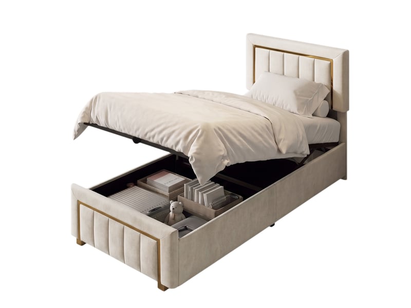  Lit coffre 90 x 200 cm,lit simple rembourré 90 x 200 cm,hydraulique,velours blanc ,design contemporain  - Conforama A