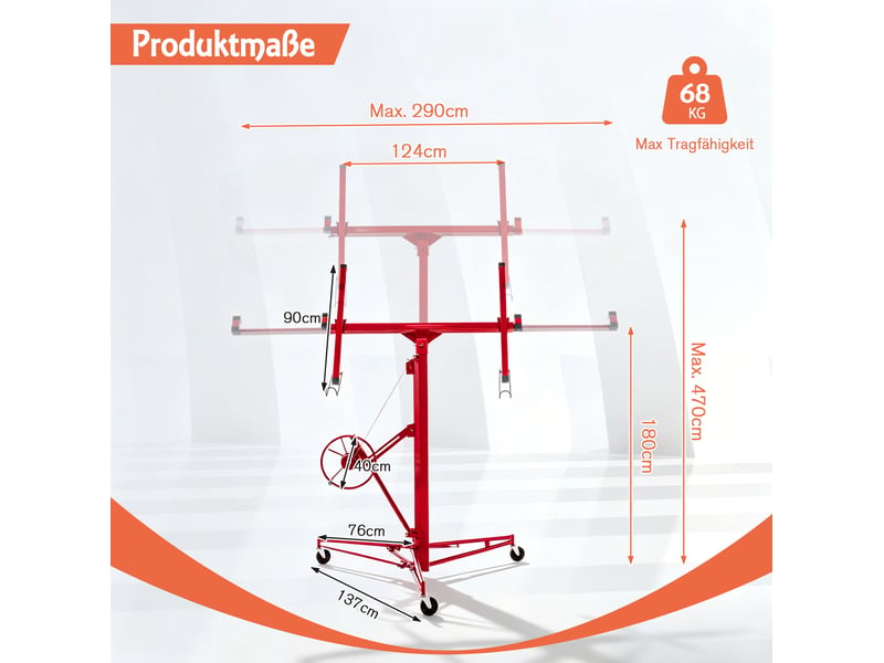 Lève-panneaux réglable 124 x 137 x 180 cm rouge en acier, treuil manuel et charge maximale de 68 kg  - Conforama C