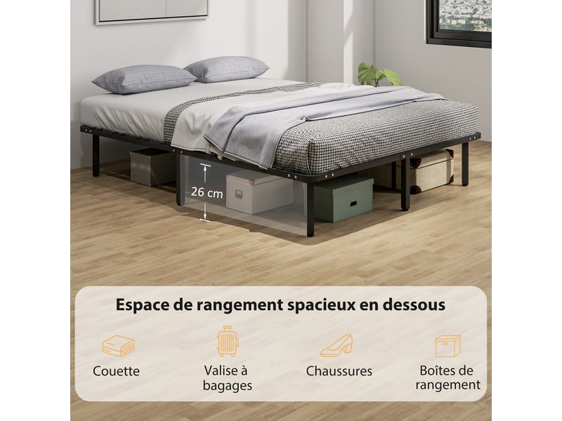  Cadre de lit 160 x 200 cm, lit 2 personnes avec sommier à lattes en bois massif et pied, avec rangement au-dessous, noir  - Conforama E