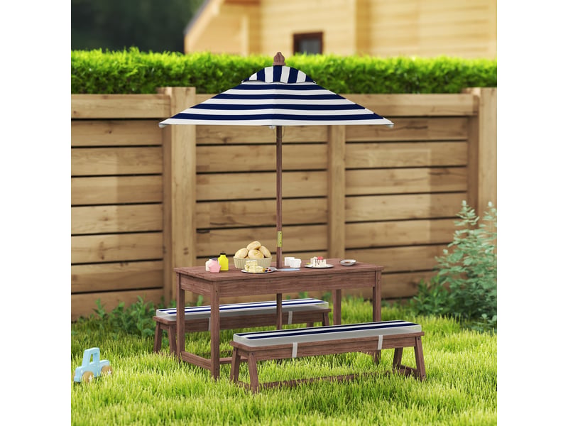  Ensemble salon de jardin extérieur enfant avec coussins et parasol amovible, rayé bleu marine et blanc  - Conforama B