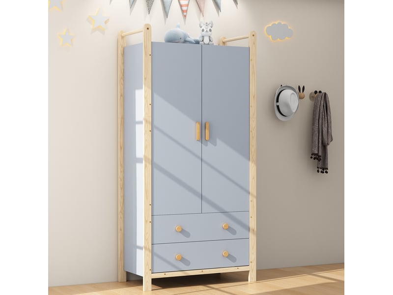  Armoire 2 portes avec penderie et 2 tiroirs pour chambre, en panneaux de particules et pin, bleu naturel, 89,6 × 44 × 180,5 cm  - Conforama D