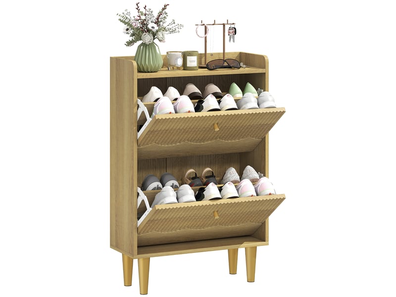  Meuble à chaussures 12 paires, armoire à chaussures étroite, 2 tiroirs rabattables étagères réglables, 60x24x92cm, chêne  - Conforama A