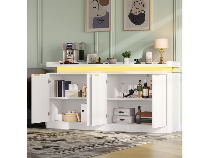  Buffet avec 4 portes, étagères fixes et éclairage led rgb, pour cuisine et salle à manger, mdf blanc, 160 × 39 × 83 cm  - Conforama D