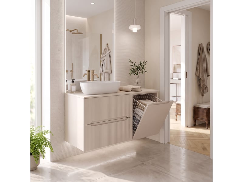 Meuble sous vasque suspendu avec panier à linge et plan 2t novo l.100 cmcachemire mat - Conforama B