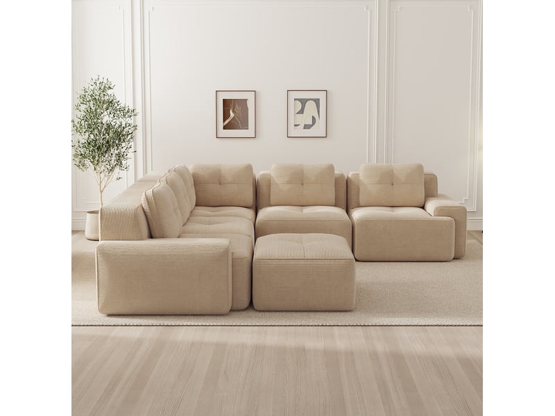  Canapé d'angle modulable modenvie 5 places avec pouf, velours côtelé beige, assise profonde 74 cm, 295 x 295 x 69 cm, sans montage  - Conforama D
