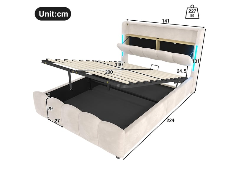Lit coffre rembourré rangement 140x200 cm sans matelas led tête compartiment hydraulique usb type-c velours beige  - Conforama D