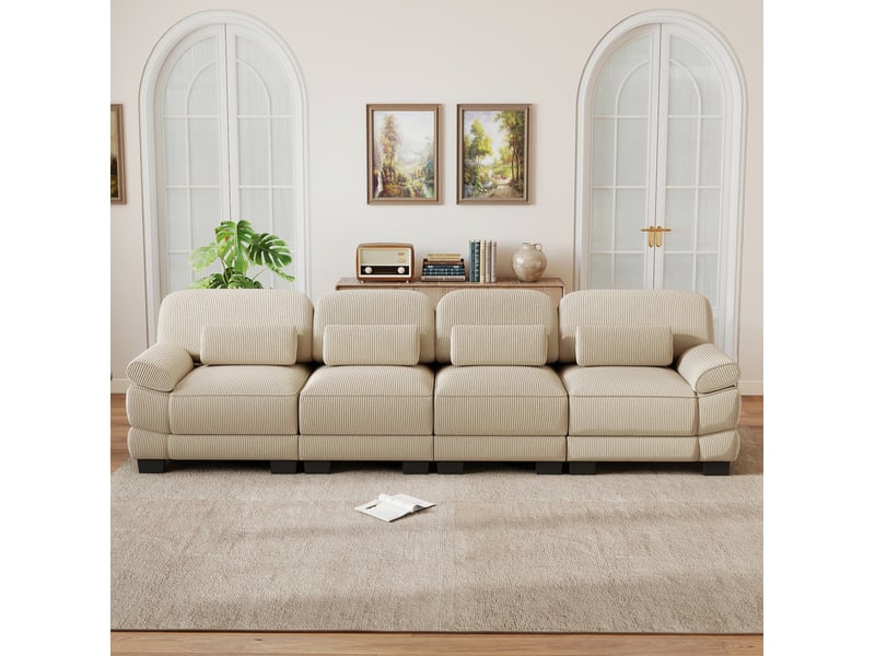  Canapé modulable 4 places 336x88,5x94 cm, format spacieux, fixations, coussins de soutien, velours côtelé, beige  - Conforama C