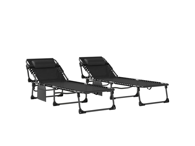 Ensemble de 2 chaises longues de jardin pliantes et inclinables à 5 positions avec coussins, 57 x 200 x 38 cm, noires - Conforama A