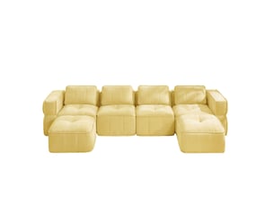 Canapé modulable en u 4 places avec 2 poufs, en polyester jaune