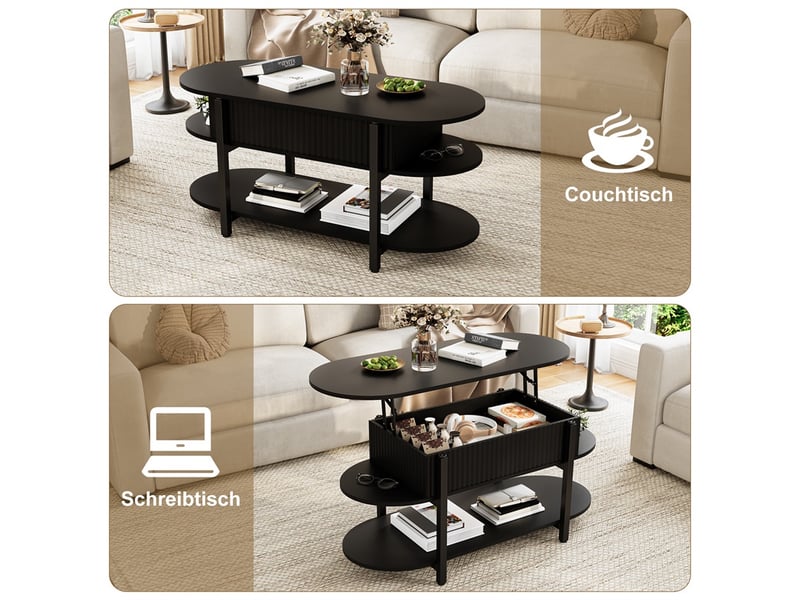  Table basse relevable 106x45x50 cm - plateau relevable avec coffre et 2 étagères de rangement - ovale - noir  - Conforama B