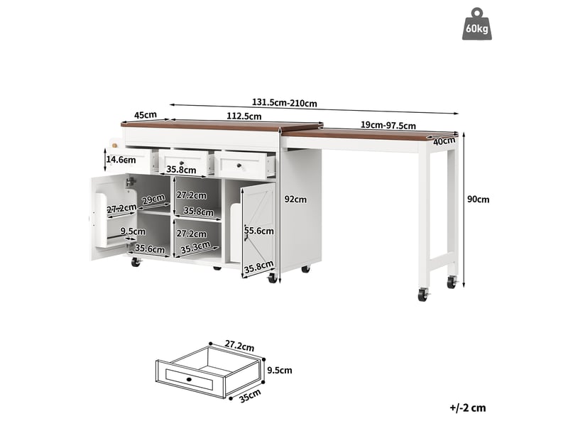  Îlot central cuisine blanc, table de bar extensible (131-210cm) et pivotante 360° avec rangement et tiroirs.  - Conforama W