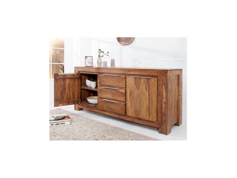 Buffet gradi 175 cm en bois massif de sheesham verni – 2 portes, 3 tiroirs et veinage naturel - Conforama D