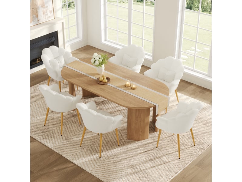  Lot de 6 fauteuils de salle à manger avec dossier pétale, accoudoirs, coussin nœud et pieds en métal doré, tissu bouclette teddy, blanc evarich - Conforama B