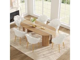 Lot de 6 fauteuils de salle à manger avec dossier pétale, accoudoirs, coussin nœud et pieds en métal doré, tissu bouclette teddy, blanc