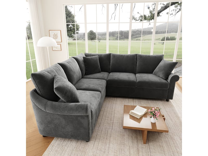  Canapé d'angle 5 places en forme de l 217x217x83 cm - avec 3 coussins décoratifs - tissu chenille - gris  - Conforama D