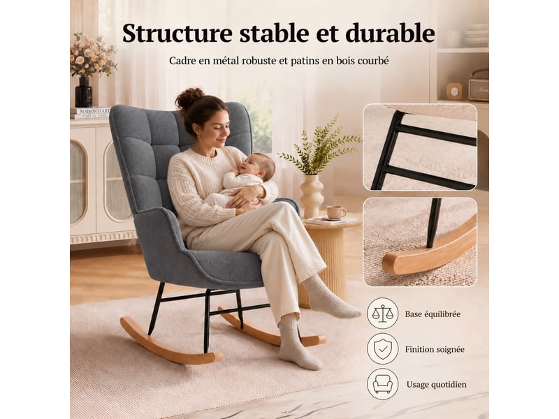 Kefsr fauteuil à bascule teddy gris foncé avec dossier carreauté, rocking chair moderne en polaire douce, structure métal robuste et patins bois, fauteuil relax pour salon chambre lecture, 75x68x92cm - Conforama E