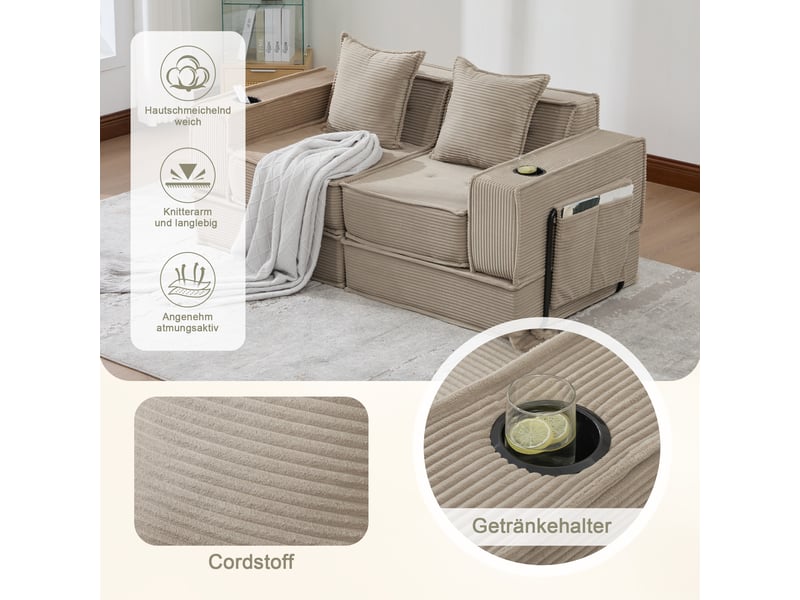 Canapé convertible, canapé-lit – en tissu, avec rangement, porte-gobelets, avec pouf, 2 places - Conforama R