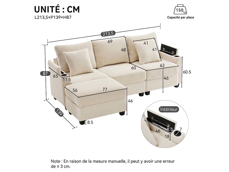  Canapé d'angle en l 3 places avec pouf - velours côtelé beige - port usb et porte-gobelet  - Conforama C