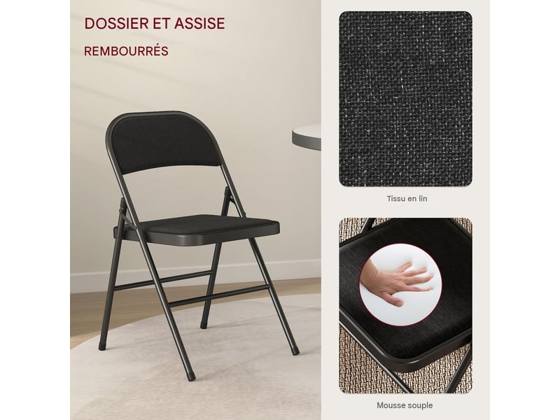  Lot de 4 chaises pliantes en acier et tissu aspect lin noir 45 x 46 x 78 cm  - Conforama D