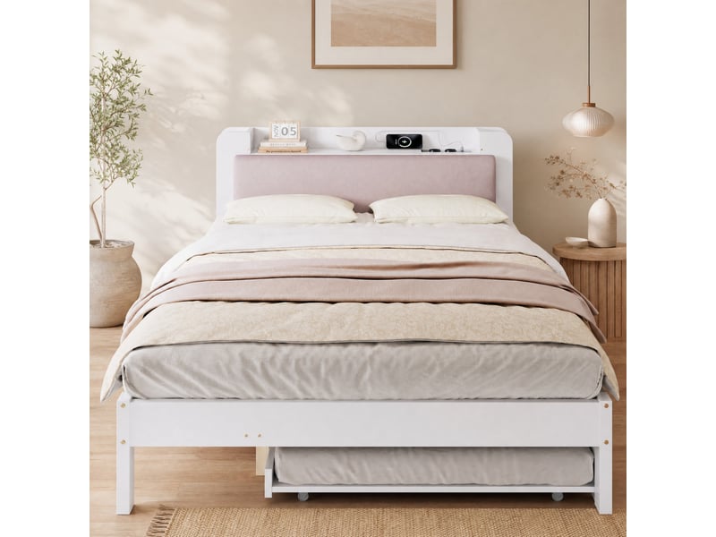  Lit gigogne 2 places 120×200 cm et 90×190 cm, étagères et station de charge - okmyhome- blanc, sans matelas  - Conforama B