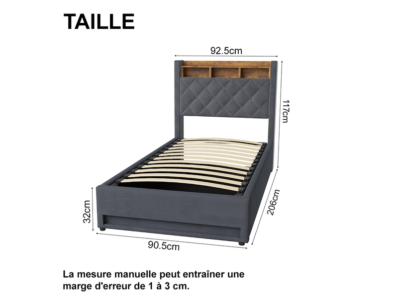  Lit coffre 90x190 cm, tête de lit capitonnée en losange et coffre hydraulique  - Conforama C