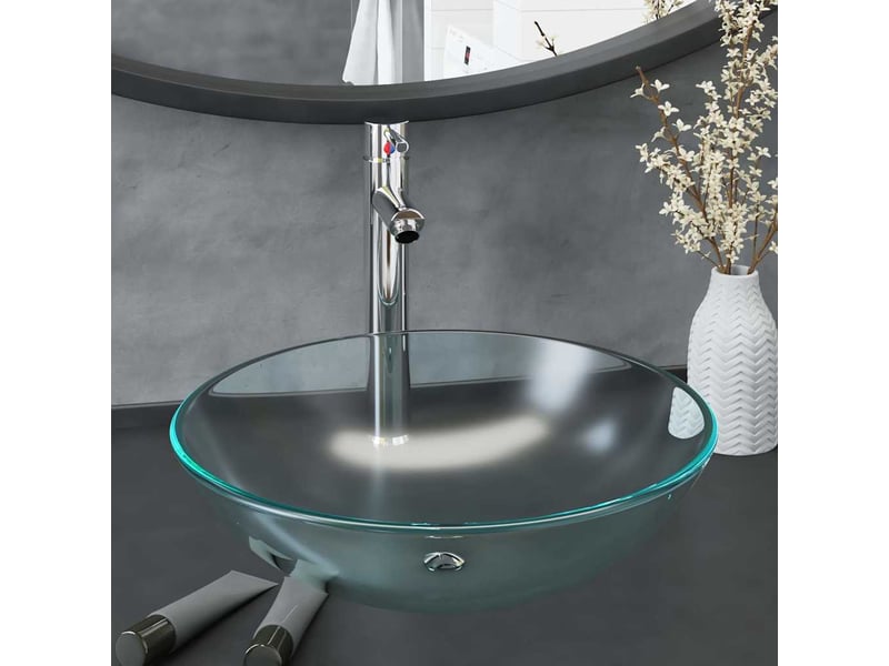  Lavabo de bain, vasque à poser avec robinet et drain à poussoir verre trempé cf65648  - Conforama B